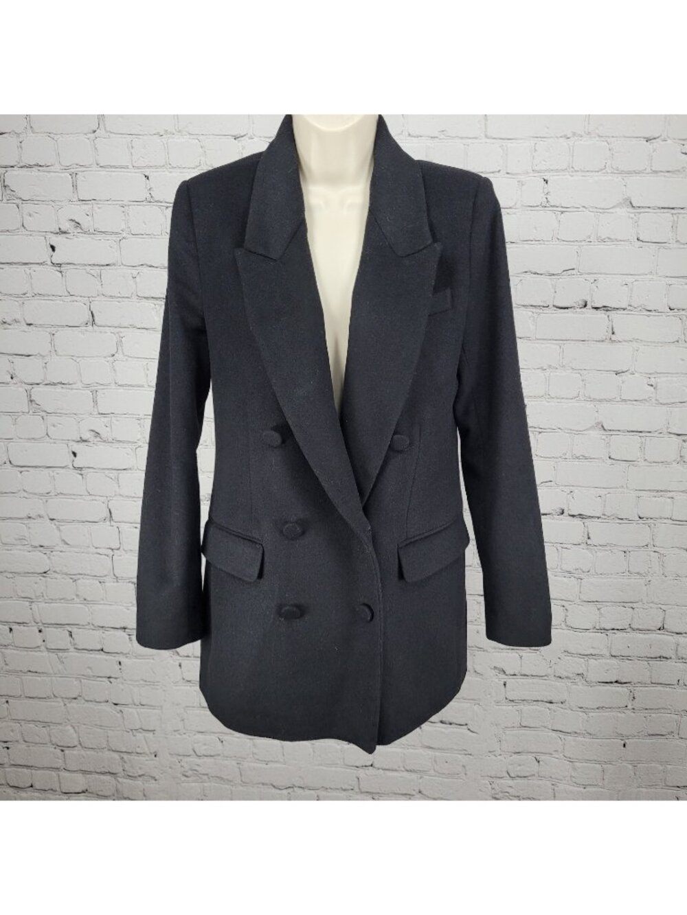 Zara Woman Black Wool Blend Double Breasted Peak Blazer Jacket Pea Coat Small S